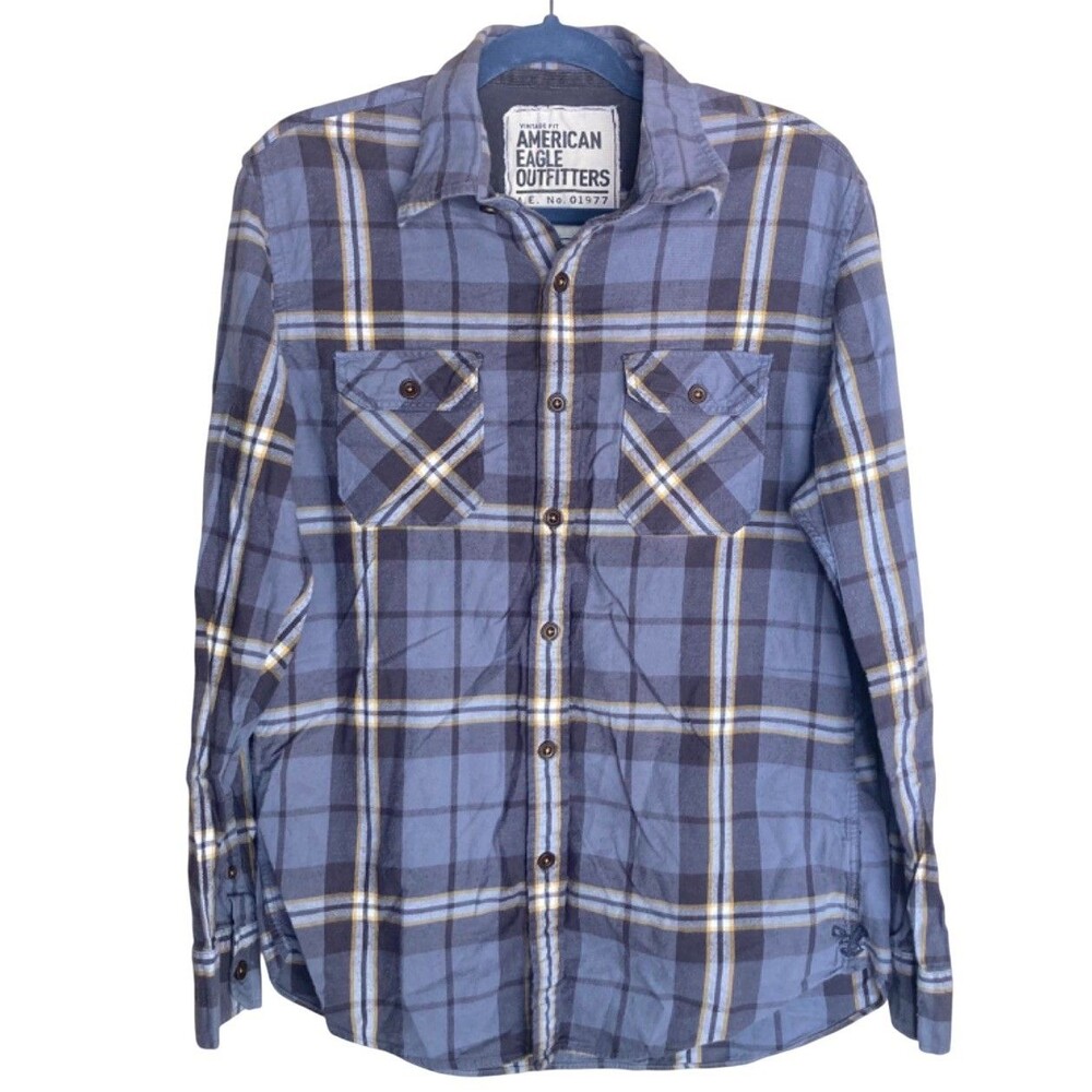 AMERICAN EAGLE OUTFITTERS BLUE FLANNEL PLAID BUTTON UP SHIRT MENS SZ M